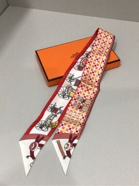 Hermes Red & White Silk Twilly Scarf
